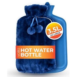 3,5L Extra Grote Warmwaterkruik - Blauwe Warmwaterkruik met Imitatiebont voor Pijnverlichting, Hand- en Voetwarmer - Luxe, Zachte en Wasbare Warmwaterzak voor Warme en Koude Kompressen (1 Stuk)