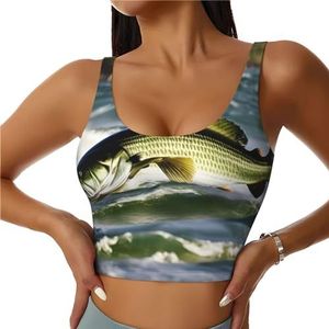 SABFWF Bass Fishing Wave Print Yoga BH's, High Impact Support, Longline Design, voor Fitness, Hardlopen en meer, Zwart, S