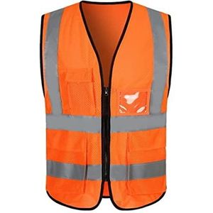 Reflecterende Kleding Hoog zichtbaarheid Mesh Ademende werkkleding Reflecterende vesten met zakken en ritssluiting Voor Wegenbouw(Orange,XXL)