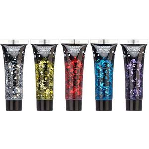 Moon Glitter Classic Chunky Face & Body Glitter Gel van Moon Glitter - Set van 5 kleuren - Cosmetic Festival Glitter Gezichtsverf voor gezicht, lichaam, haar en nagels - 12ml