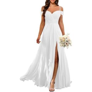 KURFACE Dames koude schouder chiffon bruidsmeisjes jurken met split geplooide formele avondjurk Maid of Honor, Wit, 32