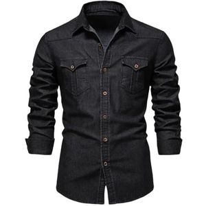 Dvbfufv Heren lange mouwen knoop effen kleur gewassen denim overhemd heren casual all-match outdoor shirt, Zwart 6003, S