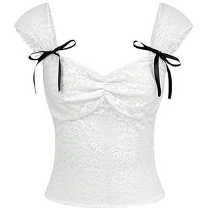 Y2K Y2K T-shirt voor dames, sexy kanten bloemenprint, V-hals, top, bow chic, outfit, wit S, S