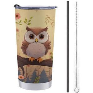 FZMTLDS Leuke uil beker 20oz roestvrijstalen waterflessen met handvat lekvrije grote capaciteit auto beker reizen mok geïsoleerde koffiekop geschenken voor vrouwen mannen