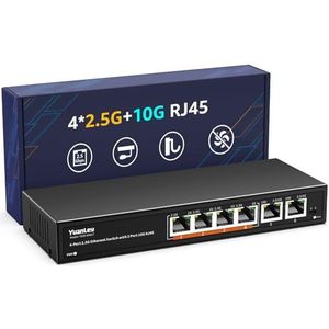 YuanLey 4-poorts 2.5 Gigabit netwerkswitch met 2 x 10G RJ45-poorten, metalen behuizing, plug and play, fanless, onbeheerde ethernet-switch