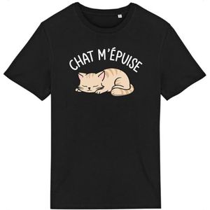 Cat m'épuise T-shirt - voor heren - bedrukt in Frankrijk - 100% biologisch katoen - cadeau voor verjaardagsdieren, origineel grappig, Zwart, M