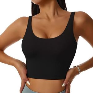 Geelblauwe kunst - Crop tops voor dames sportbeha U-rug verwijderbare gewatteerde crop workout tanktop met ingebouwde bh's, slanke pasvorm mouwloze atletische vesten, Zwart, S
