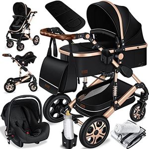 KESSER Loops 3-in-1 kinderwagen, combi-kinderwagen, complete set inclusief Babywieg & buggy sportzitje & autozitje - volledig rubberen banden - luiertas / regenbescherming / kindertafelset, zwart / champagne