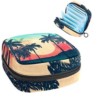 Periode Pouch, Draagbare Tampon Opbergtas voor Maandverband, Zonsondergang Tropische Palm Silhouetten, Meerkleurig, 4.7x6.6x6.6 in/12x17x17 cm