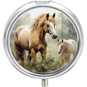 Schilderijen Paarden Pillendoosje 3 Compartimenten Reisgeneeskunde Pil Organizer 3x A Day Draagbare Vitamine Organizer met Spiegel Kleine Pillendoos voor Portemonnee & Pocket Leuke Dagelijkse