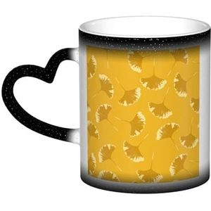 XDVPALNE Ginkgo bladeren bloemen op geel oker, keramische mok warmtegevoelige kleur veranderende mok in de lucht koffiemokken keramische beker 330 ml