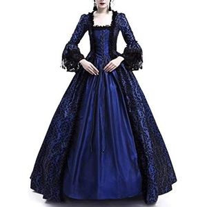 Frolada Vintage Rapunzel Lotila Dress Women Medieval Gothic Square Neck Flare Sleeve Lace Patchwork Maxi Dress Navy Blue XXL
