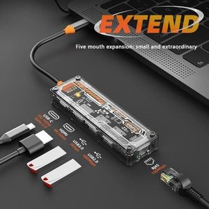 QPSJXN Transparante USB 3.0 Hub Type-C aan 5 in 1 Docking Station met 4K30Hz HDMI en RJ45 100M Netwerkkaart