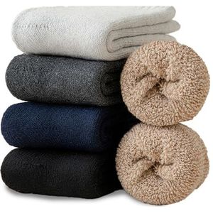 Josnown Thermische sokken voor heren, 5 paar dikke en warme wollen sokken, zacht en gezellig design van badstof in de maten 39-45, blauw/zwart/beige/grijs/donkergrijs, 39-45