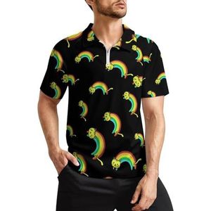 Regenboog kat heren golfpoloshirts klassieke pasvorm korte mouw T-shirt bedrukt casual sportkleding top L