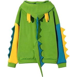 Bienwwow Dames Vrouwen Dinosaurus Hoodie Lange Mouw Casual Dino Hoodie Sweatshirt Tops Splice Cartoon Leuke Anime Patchwork Hooded UK Klaring Trui Dinosaurus Jumper, Groen, L