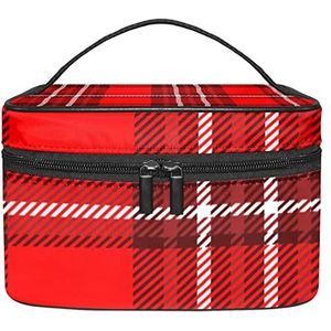 Klassieke geruite patroon bordeaux rood wit make-up organizer tas, reizen make-up tas organizer case draagbare cosmetische tas voor vrouwen en meisjes toiletartikelen, Meerkleurig, 22.5x15x13.8cm/8.9x5.9x5.4in
