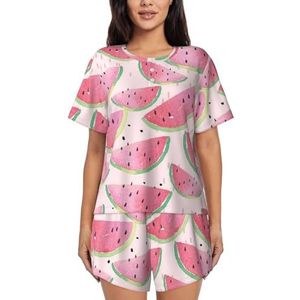 JIAWUJYNB Watermeloen Fresh Fruit Print Dames Pyjama Set met korte mouwen - Comfortabele korte sets, mouwen nachtkleding met zakken, Zwart, L