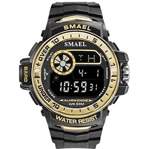 Mens Digital Watch, Sports Military Watches, 50m Waterdichte elektronische horloges, 12 / 24h-formaat met LED-achtergrondverlichting, alarm, stopwatch,Black gold