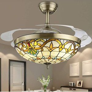 Tiffany Plafondventilator met licht, plafondlamp, metaal, 42 inch, LED, afstandsbediening, plafondlamp, met intrekbaar lemmet, dimbaar, transparant