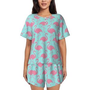 JIAWUJYNB Pyjama met korte mouwen en rode flamingo-print voor dames - comfortabele korte sets, nachtkleding met zakken, Zwart, S