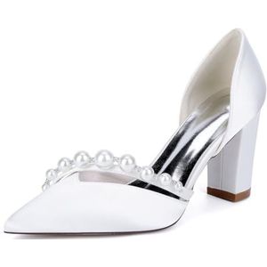 KYEGLO Damesmodieuze Instapschoenen Met Spitse Neus En Dikke Hakken Met Parel - Satijnen Bruidsmeisjesschoenen Met Gesloten Neus Voor Feestjes, Bruiloften, Cadeaus Voor Vrouwen,Wit,36 EU