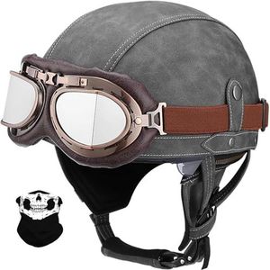 3/4 Jethelmen Voor Volwassenen Motorhelm Retro Bromfietshelm 3/4 Open Motorhelmen Met Bril PU Leer Scooterhelm Chopper Dames Heren DOT/ECE Gecertificeerd B,L=59-60CM