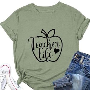 Leraar Leven Vrouwen Shirt Leuke Apple Grafische Leraren Dag Gift Tops Zomer Ronde Hals Korte Mouw Causale Tees, Olijfgroen, XL