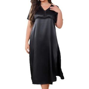 MLSHWUG Dames Plus Size Korte Mouwen V-Hals Kant Lange Satijn Zijde Retro Losse Nachtjapon,zwart,3XL
