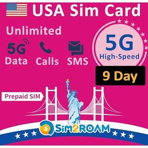Prepaid simkaart voor in de VS, onbeperkte snelle 5G-/4G LTE-dataverbinding in de VS (inclusief Hawaï), onbeperkt bellen en SMS-en in de VS, herlaadbaar (9 dagen)