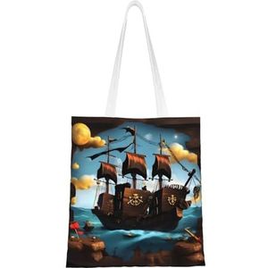 LamaMe Cartoon Piraat Schip 12ann Herbruikbare Canvas Tote Voor Winkelen Strand Moederdag Gift Bag, Zwart, Eén maat