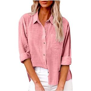 Shirts voor vrouwen plus size lange mouw button down oversized blouses met voorzak effen zomer kraag tops verkoop, mode dames tops UK, roze, XXL