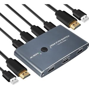 KVM Switch 4K 60Hz, 2 poorten, aluminium HDMI KVM Switch USB HDMI schakelaar voor 2 computers delen 1 HD-monitor en toetsenbord, muis, printer, U-schijf