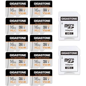 Gigastone 16GB 10pack micro SD memory card, MLC 10x High Endurance, SDHC UHS-I U3, Class 10, V30, 4K, 95/35MB/s Read and Write Speed, Full HD, Special for Dash Cam, Smart Indoor/Outdoor Camera, Micro SD Card