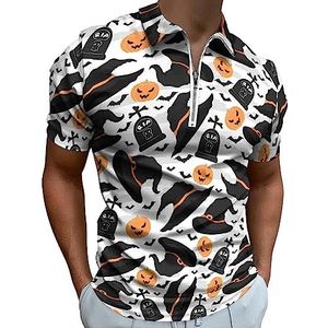 Halloween Heksenhoeden grafstenen pompoenen en vleermuizen poloshirt voor mannen casual rits kraag T-shirts golf tops slim fit