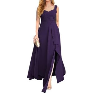 KURFACE Chiffon bruidsmeisjesjurk met split geplooide mouwloze lange avondjurk voor dames, Pruim, 32