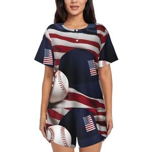Amerikaanse vlag en honkbal dames ronde hals korte mouw pyjama set, stijlvolle comfortabele hortmouw shorts set, Zwart, S