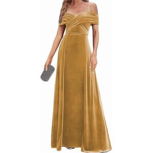 Fluwelen Bruidsmeisjes Jurken Spaghetti Bandjes Prom Jurken Koude Schouder Formele Avond Party Gown ZM191xin, Goud, 32
