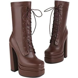 2024 Nieuwe Enkellaarsjes Met Blokhak Platform Enkellaarsjes for Dames PU-leer Korte Veterlaarzen Elegante Hoge Hakken Laarsjes Lente Enkelschoenen for Outdoor, Feest (Color : Brown, Size : 38 EU)