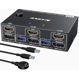 MLEEDA KVM Switch 2 PC 2 Monitor 4K@60Hz 2K@120Hz, HDMI + DisplayPort Dual Monitor KVM Switch 2 Computers Deel 2 Monitoren en 4 USB 3.0 Poort, Inbegrepen Desktopcontroller, USB Kabel en Voedingskabel