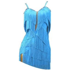 FZHQNZJF Latijns Dansjurken met Gelaagde Kwastjes Steentjes Balzaal Concurrentie Kostuums Rugloos Salsa Tango Danskleding Cha Cha Prestatie Rok,Blauw,L