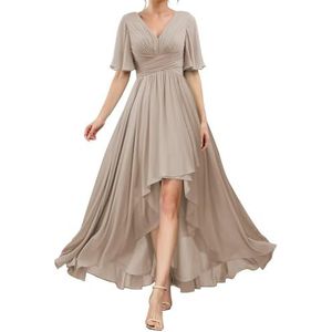 HPPEE Flutter Mouw V-hals Bruidsmeisjesjurken voor Vrouwen Geplooide A-lijn Chiffon Formele Avondjurk, Taupe, 32