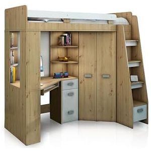 FurnitureByJDM Hoogslaper Met Bureau, Kast en Planken – Compact Kinderbed Met Opbergruimte – Complete Set (120x204 cm) – Bed 80x200 cm – Trap Rechts – (Artisan Eik/Wit)