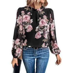 dames topjes Blouse met bloemenprint en ruches en lantaarnmouwen | Boho-stijl | Opstaande kraag | Lange mouw | Normale pasvorm | Niet-stretchstof | 100% Polyester (Color : Multicolore, Size : L)