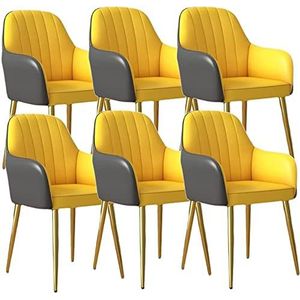 GEIRONV Lederen keukenstoelen set van 6, met ergonomische armleuningen rugleuning en koolstofstaal vergulde voetteller lounge woonkamer receptie stoel Eetstoelen (Color : Dark Gray+yellow, Size : 83