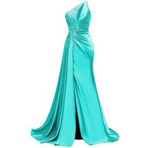 KIYNE Satijnen baljurk met één schouder en split zonder mouwen, zeemeermin, formele feestjurk, lange afstudeerjurk, Turkoois, 46 grote maten