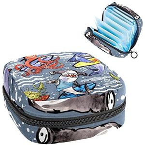 Sharks Octopus Crab Surfing,Periode Pouch Draagbaar,Tampon Opbergtas,Tampon Houder voor Portemonnee Vrouwelijke Product Organizer, Meerkleurig, 4.7x6.6x6.6 in/12x17x17 cm