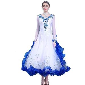 FZHQNZJF Dames Wals Concurrentie Jurken Balzaal Flamenco Dans Prestatie Kostuum Strass Tango Foxtrot Danskleding Glanzend Nationale Standaard Rok,Blauw,3XL