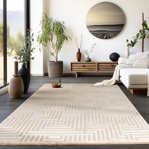 HomebyHome Vloerkleed woonkamer onderhoudsvriendelijk laagpolig Scandinavische stijl decoratief tapijt geometrisch design modern tapijt beige effen 3D-effect Afmetingen: 140 x 200 cm, kleur: beige