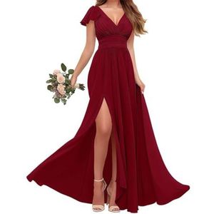 Chiffon bruidsmeisjes jurken met mouw - V-hals Empire taille plooi formele jurk, wijnrood, 34